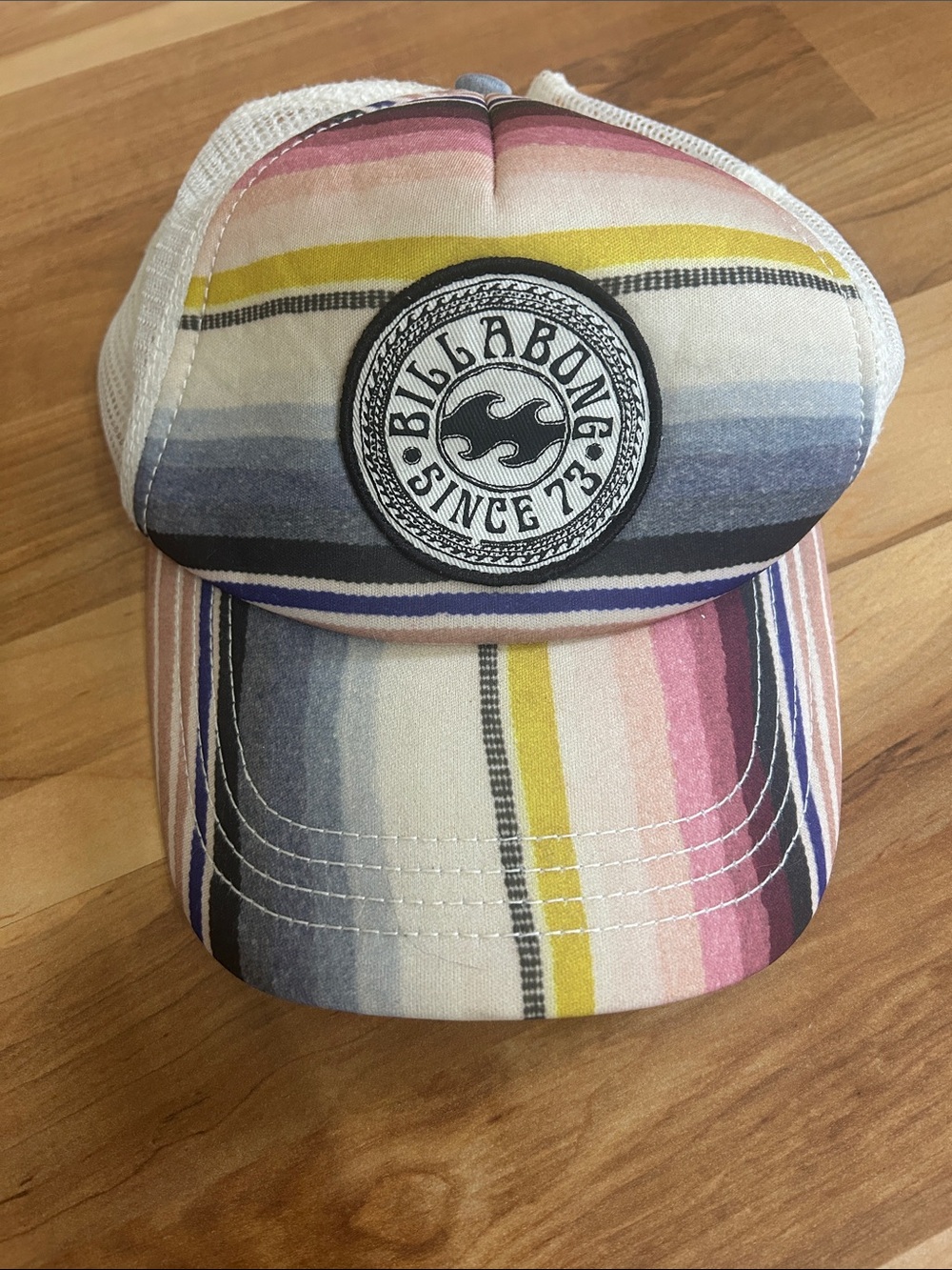 Billabong Adult One Size Adjustable Striped Trucker Hat in Pink, Blue & Yellow
